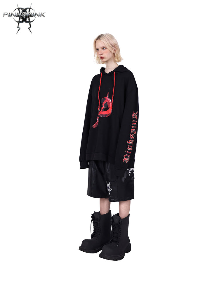 PINKSPINK MIRROR rhinestone-drawcord oversized hoodie — side full-length modeled view in black