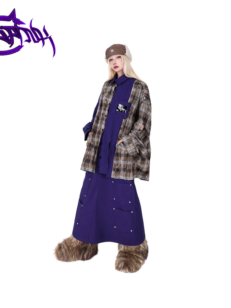 PINKSPINK DNA reconstructed multi-pocket denim maxi skirt — angled front modeled view with a plaid shirt