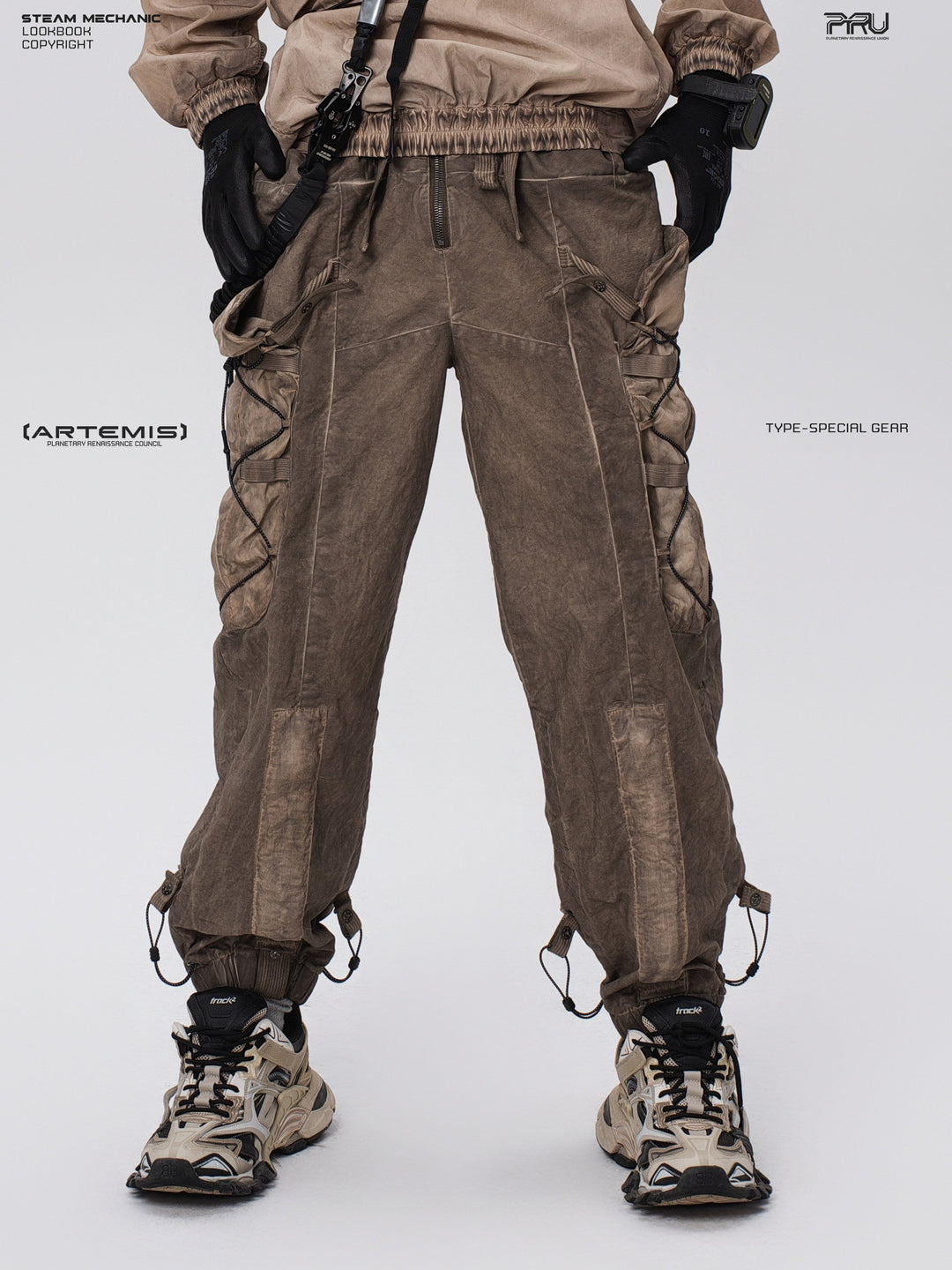 PIONEER gravel brown detachable-waist-bag work pants — alternate modeled angle