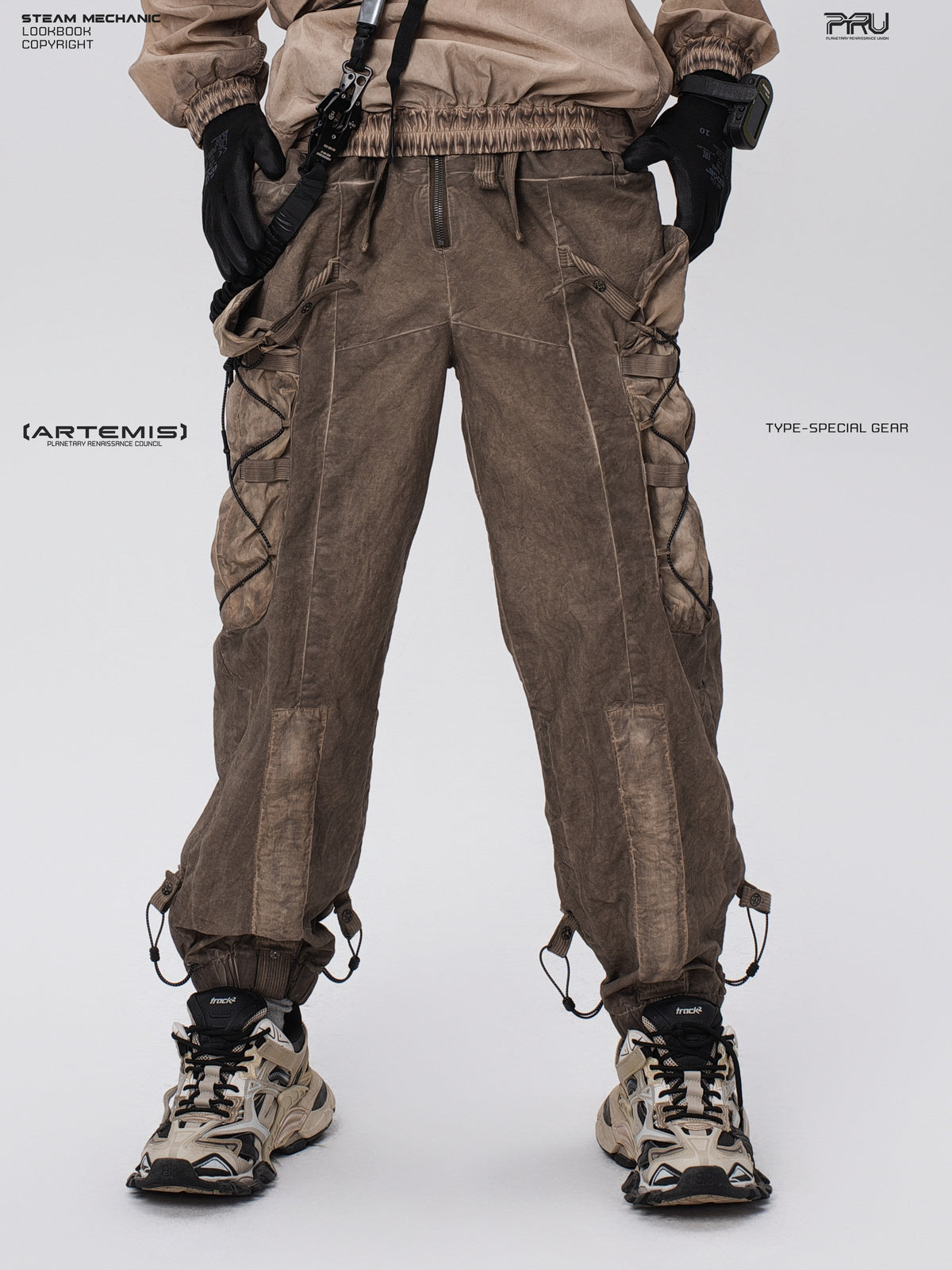 PIONEER gravel brown detachable-waist-bag work pants — alternate modeled angle