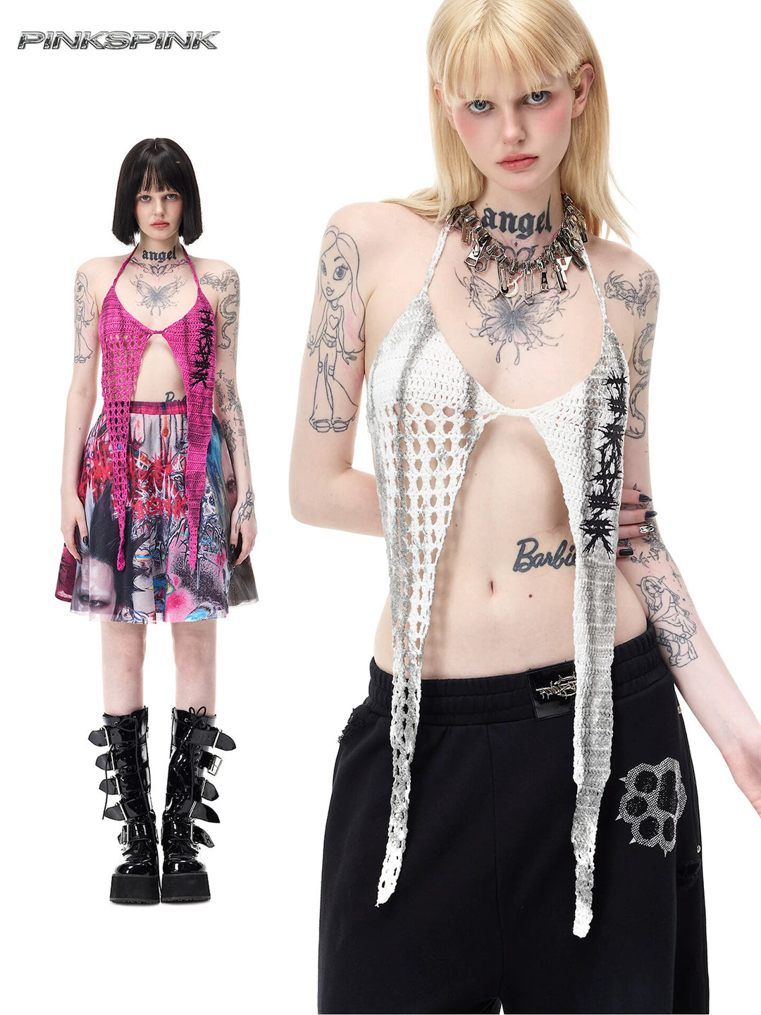 PINKSPINK THORNSTAR open-knit halter top in hot pink and ivory white — collage of a full-length modeled look and a close view of the open knit and thorn embroidery