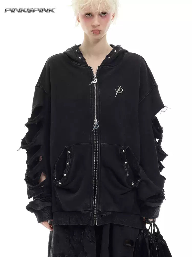 PINKSPINK REMAKE studded distressed zip-up hoodie — modeled front styling view