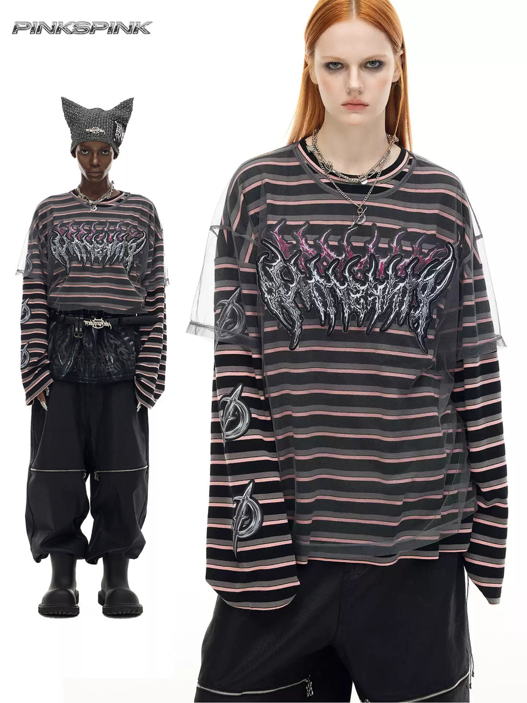 PINKSPINK ELECTRIC MOON striped mesh-overlay two-piece tee in black pink — collage of full-length and close-up modeled views of both layers