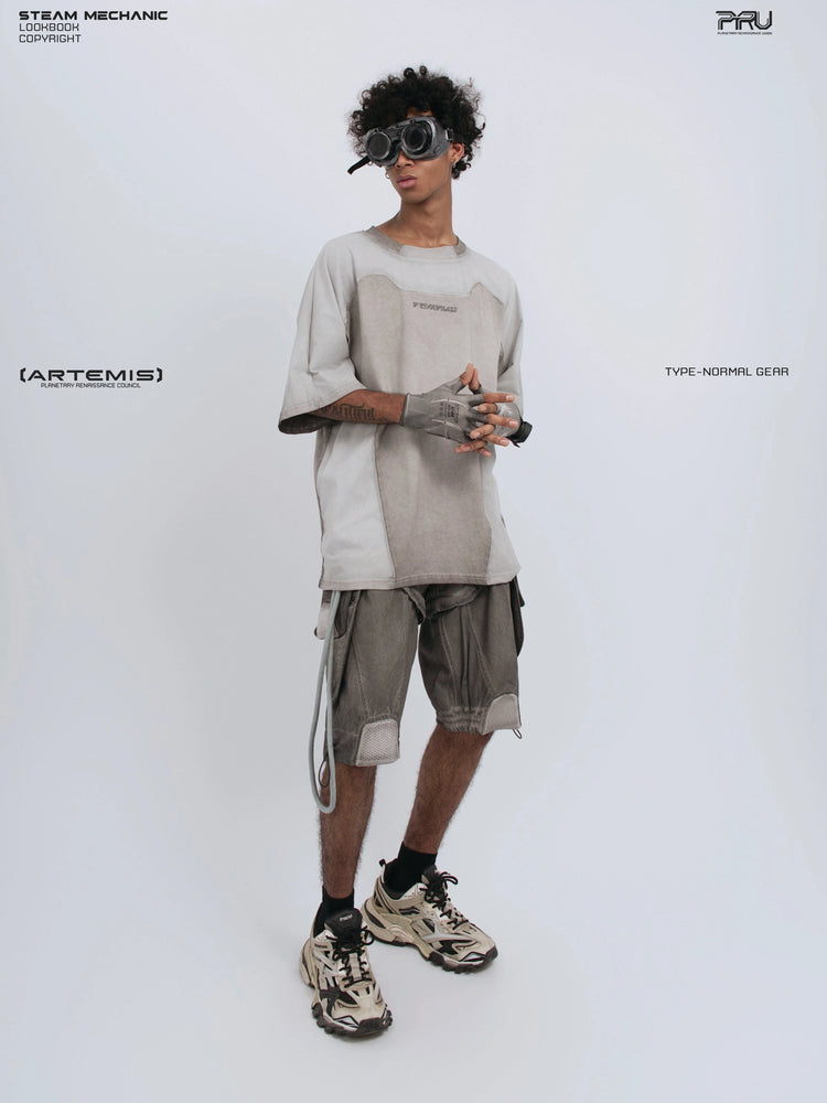 STARCORE moonbeam white velcro mesh tee — three-quarter front modeled view with hands clasped