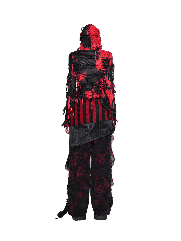PINKSPINK ELECTRIC MOON layered striped mesh mini skirt — black and red — back view of striped panels over trousers