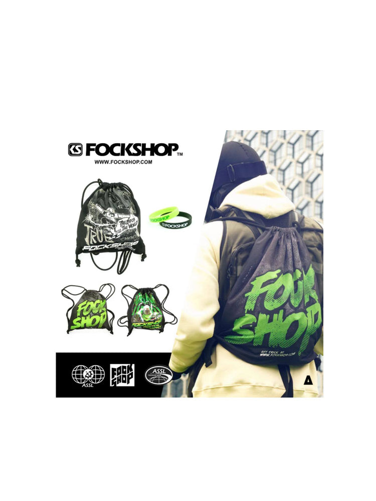 FOCKSHOP MASKPACK drawstring backpack — rear modeled view of the green logo design alongside all three bag graphics
