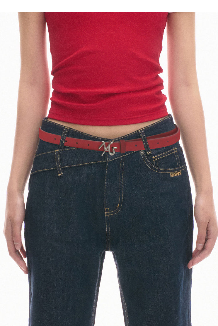 NAWS ROSE red leather belt — alternate angle showing the shape and finish