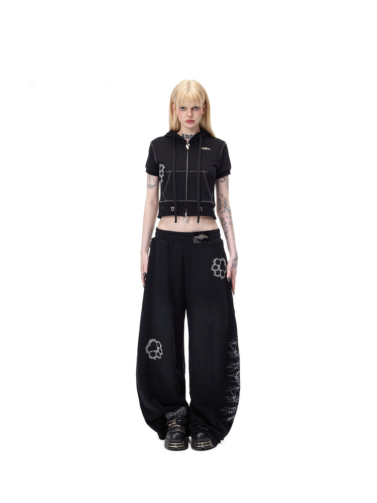 PINKSPINK CATPAW cropped cat-ear zip hoodie in black — full-length front modeled view with hood down and separate matching pants