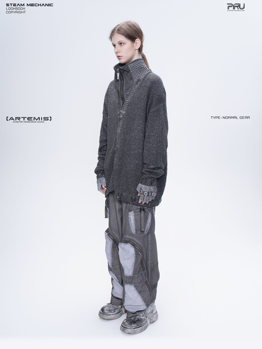 PIONEER moon dust gray moon-protection distressed sweater — alternate modeled angle