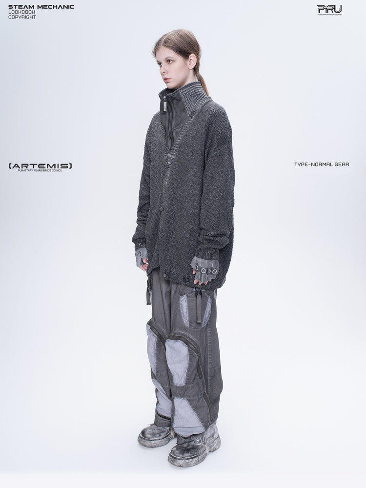 PIONEER moon dust gray moon-protection distressed sweater — alternate modeled angle