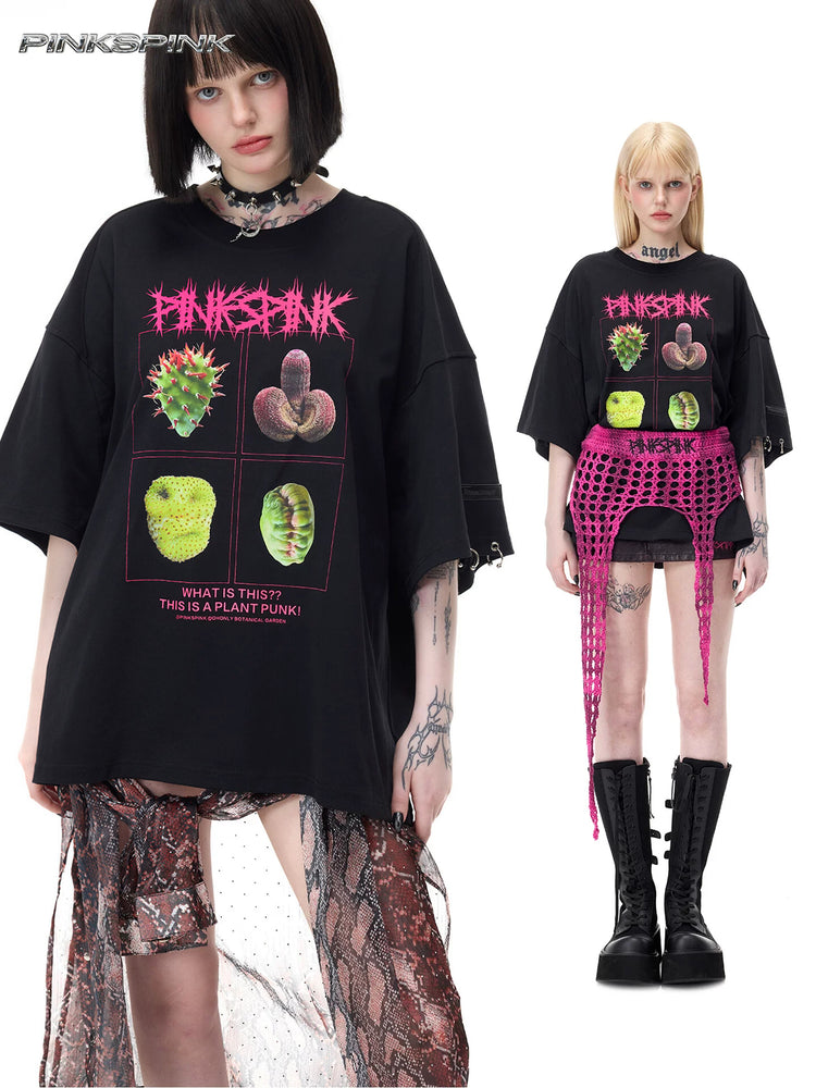 PINKSPINK PLANT PUNK oversized graphic tee in black — collage pairing a close front graphic view with full-length styling and a separate pink knit layer