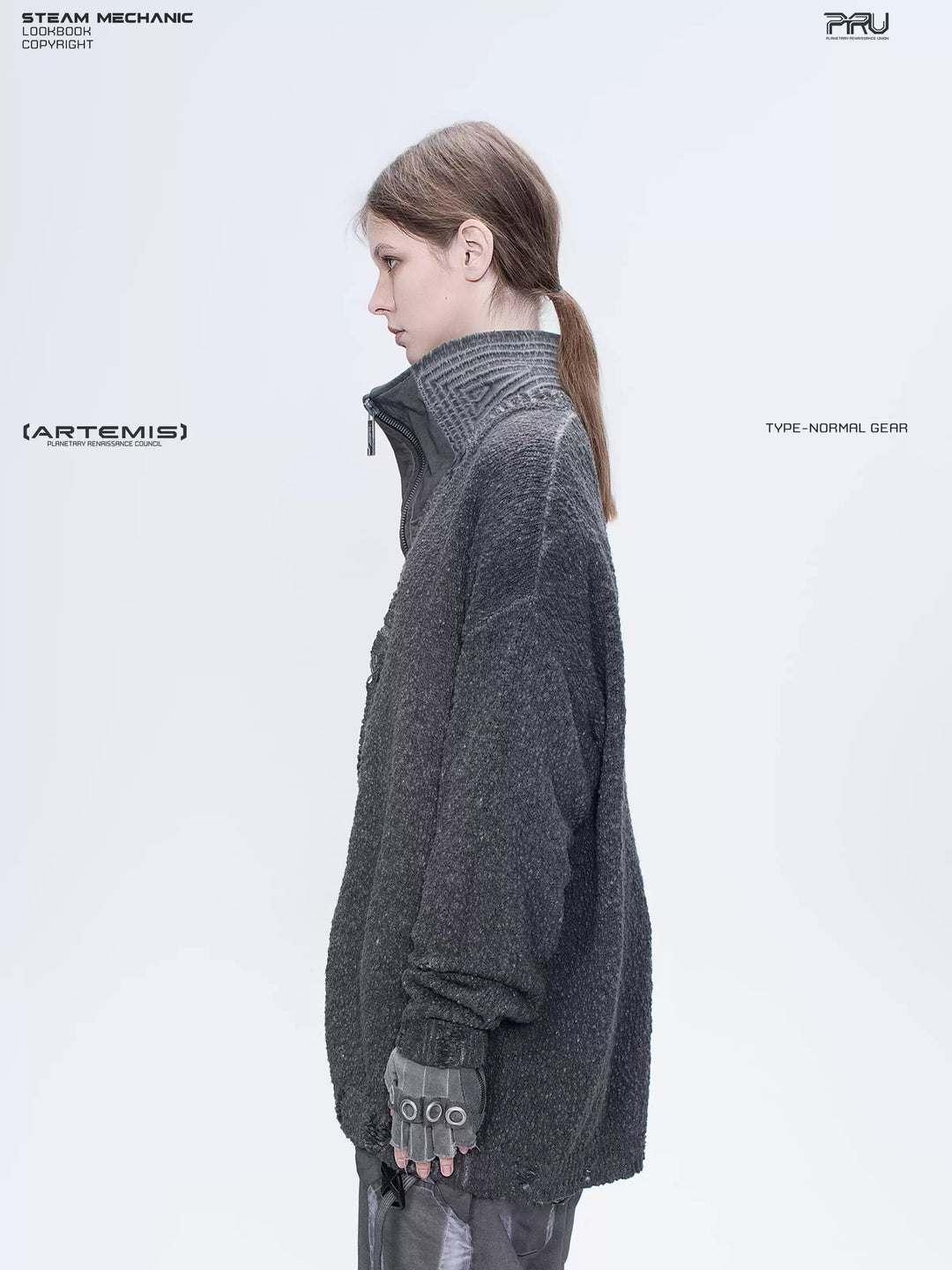 PIONEER moon dust gray moon-protection distressed sweater — side close-up showing the dropped shoulder and knit texture