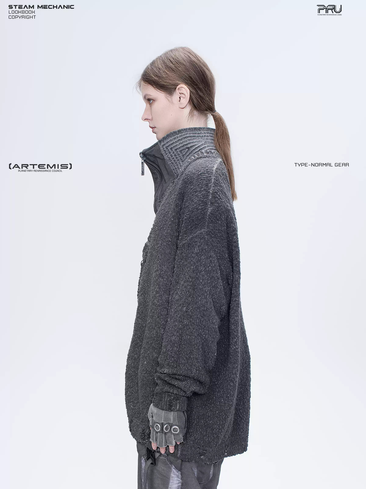 PIONEER moon dust gray moon-protection distressed sweater — side close-up showing the dropped shoulder and knit texture