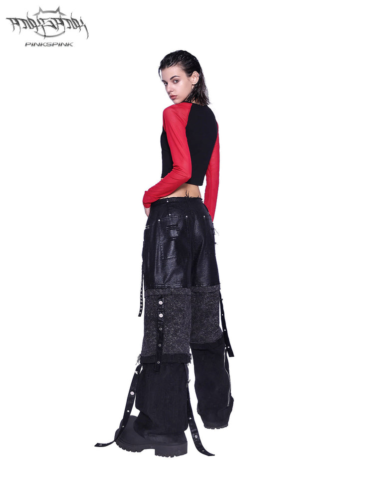 PINKSPINK SPHYNX red mesh-sleeve cropped graphic tee — black and red cropped tee — back view showing sheer raglan sleeves