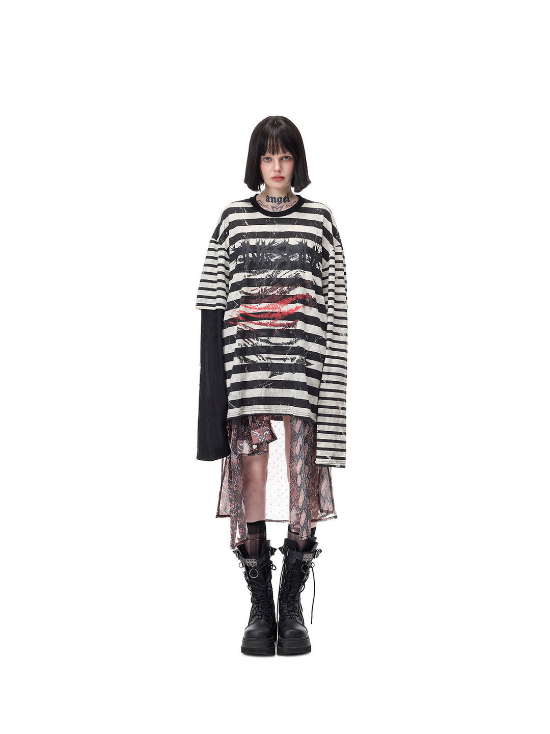 PINKSPINK STATIC asymmetric striped burnout long-sleeve tee in black and white — centered full-length front modeled view over a separate patterned skirt