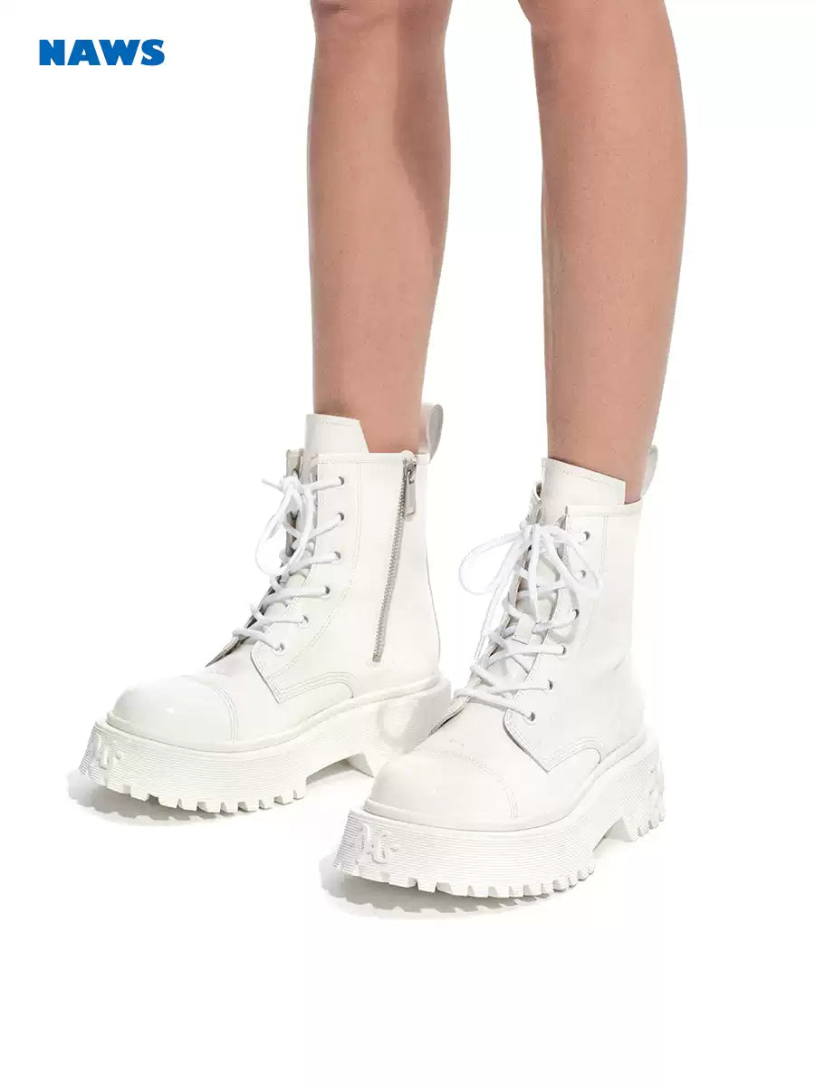NAWS KNIGHT leather platform lace-up boots in SILVER GRAY WHITE — modeled view of the white leather boots and white lug soles.