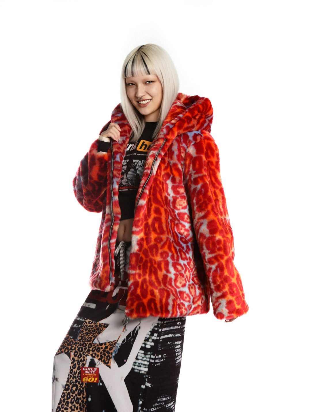 DeadEndKids leopard-print faux-fur hooded jacket in orange blue — side-angle modeled view with hood down