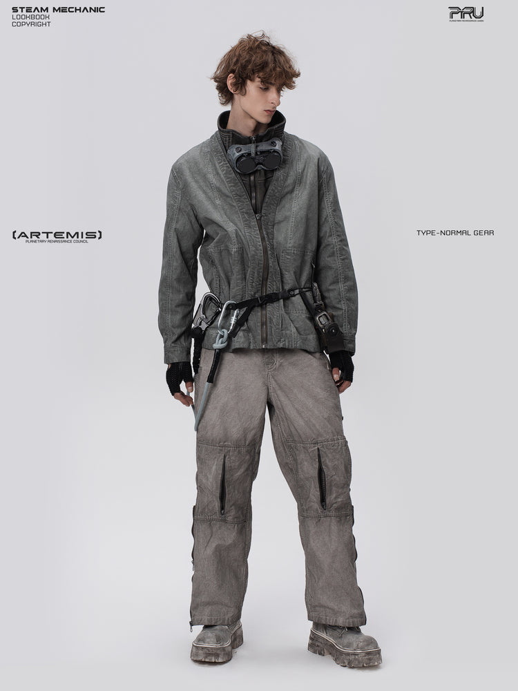 GAIA meteor gray open-collar technical robe — full-length modeled front view looking to the side