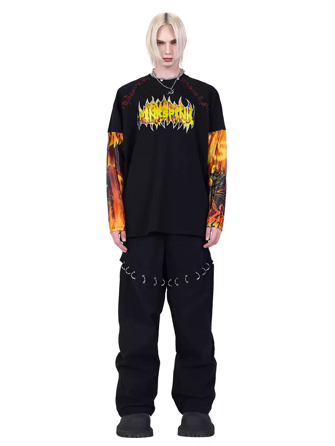 PINKSPINK FIRE CAT layered-sleeve graphic tee — modeled front styling view