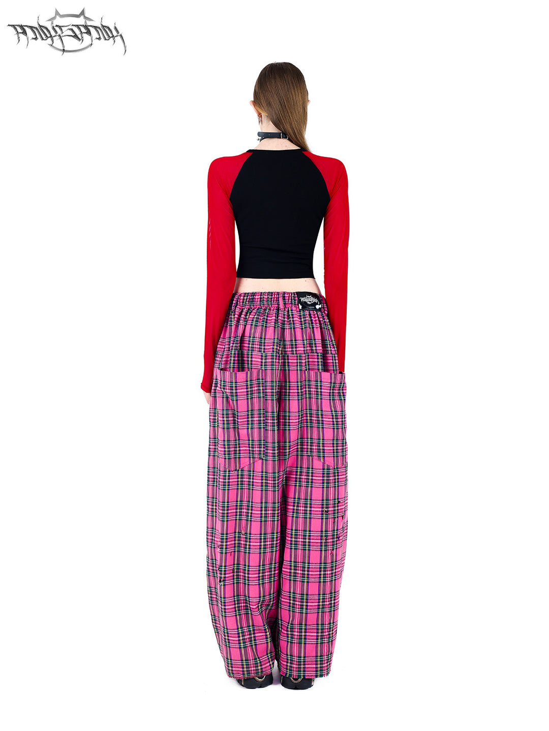 PINKSPINK PINK RIOT distressed plaid wide-leg pants — pink plaid unobscured full-length back view