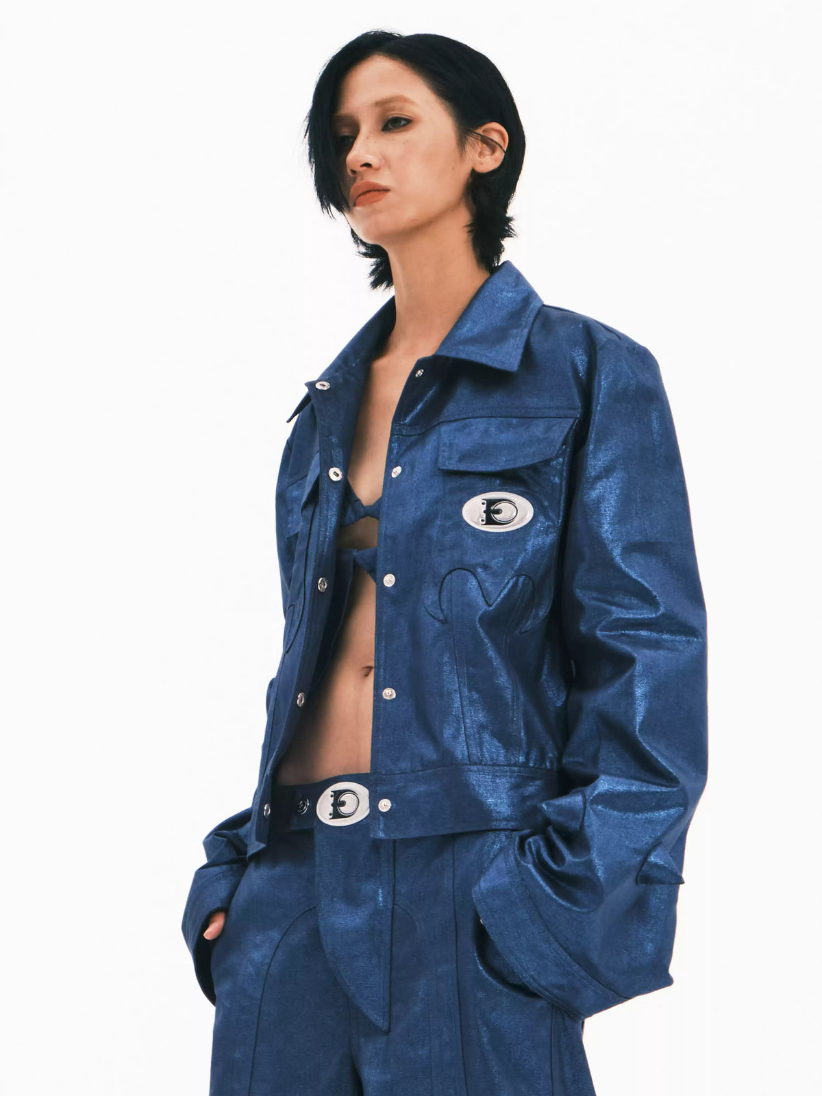 EMBRYO BLUE SPIKE metallic bell-sleeve jacket — side profile