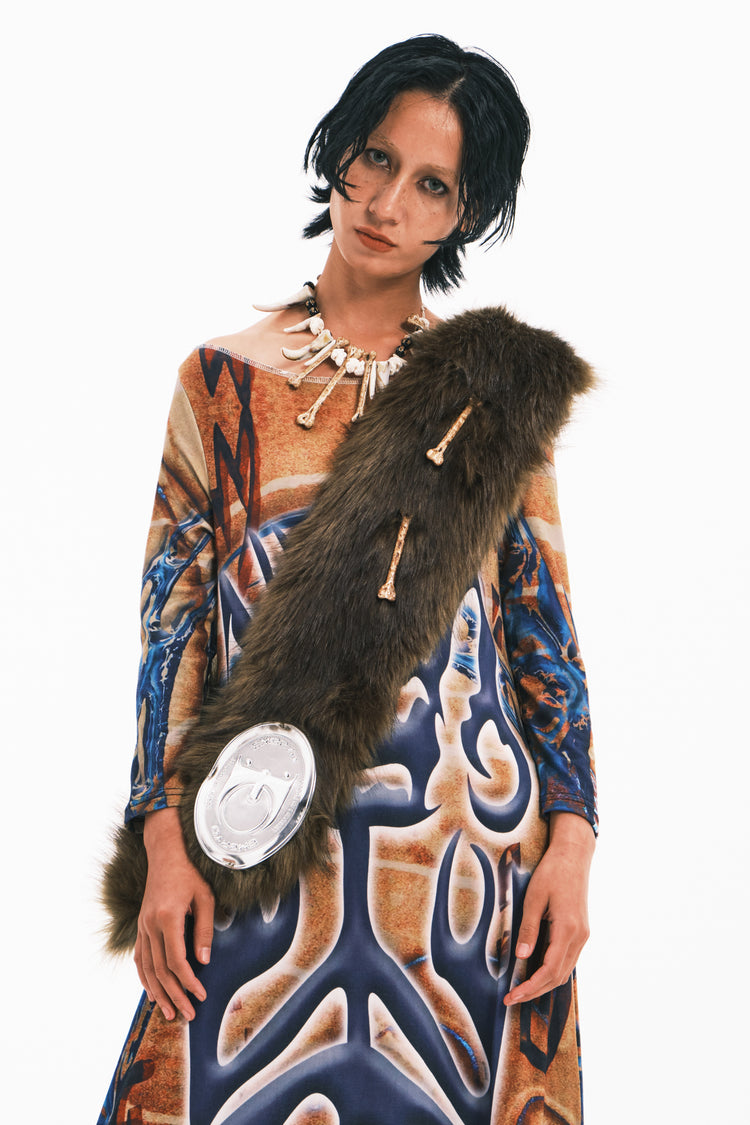 EMBRYO PRIMAL FUR convertible wrap & bag — rear modeled view