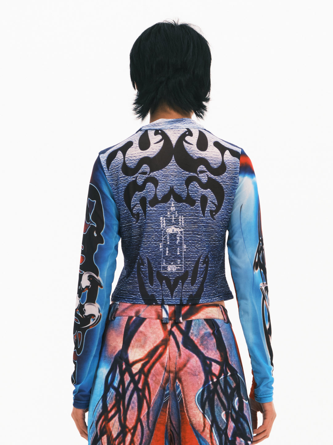 EMBRYO MYSTIC TOTEM fitted mesh crop top — back modeled view
