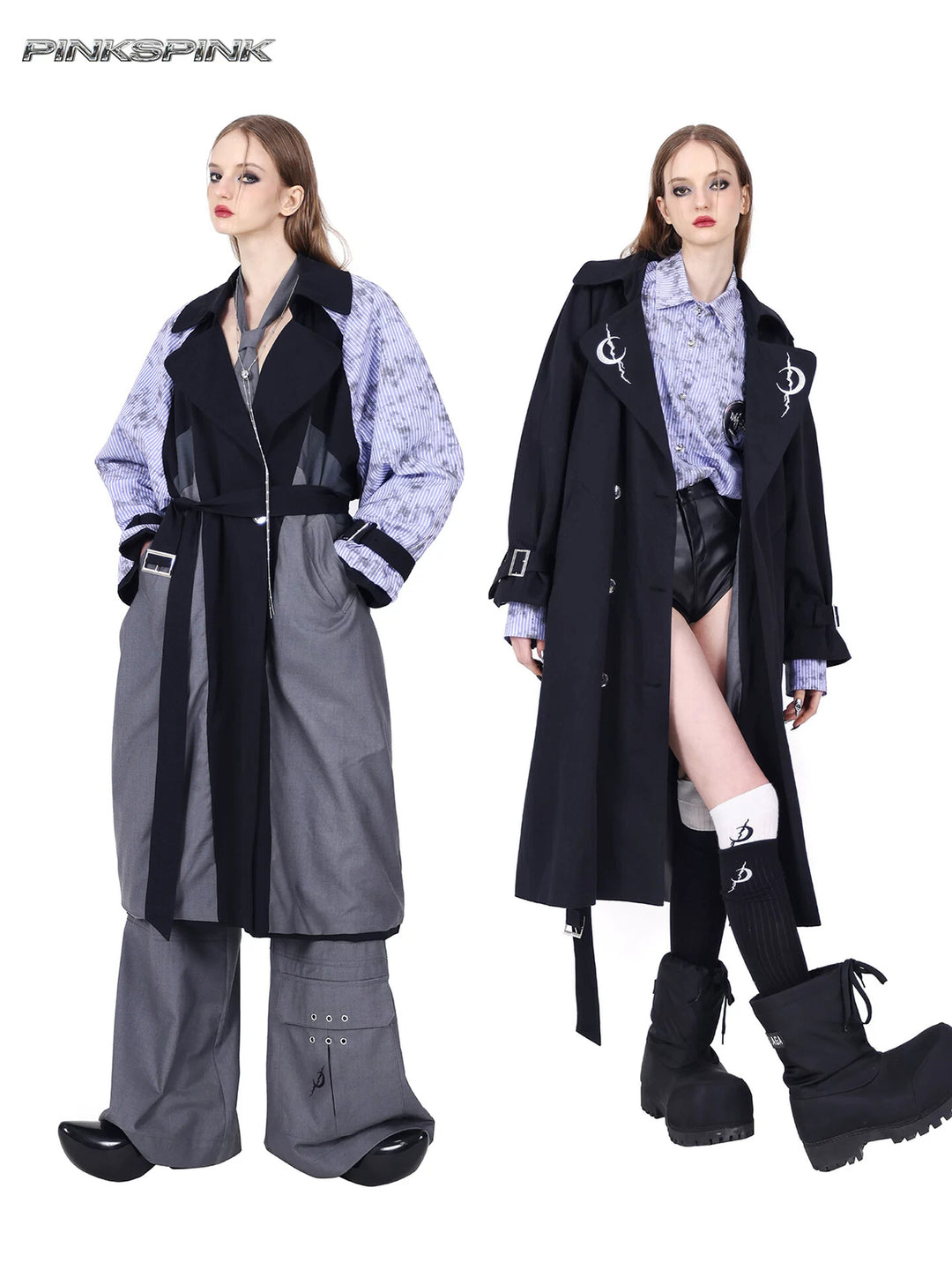 PINKSPINK ELECTRIC MOON reversible patchwork trench coat in black and gray — modeled collage of both reversible trench faces