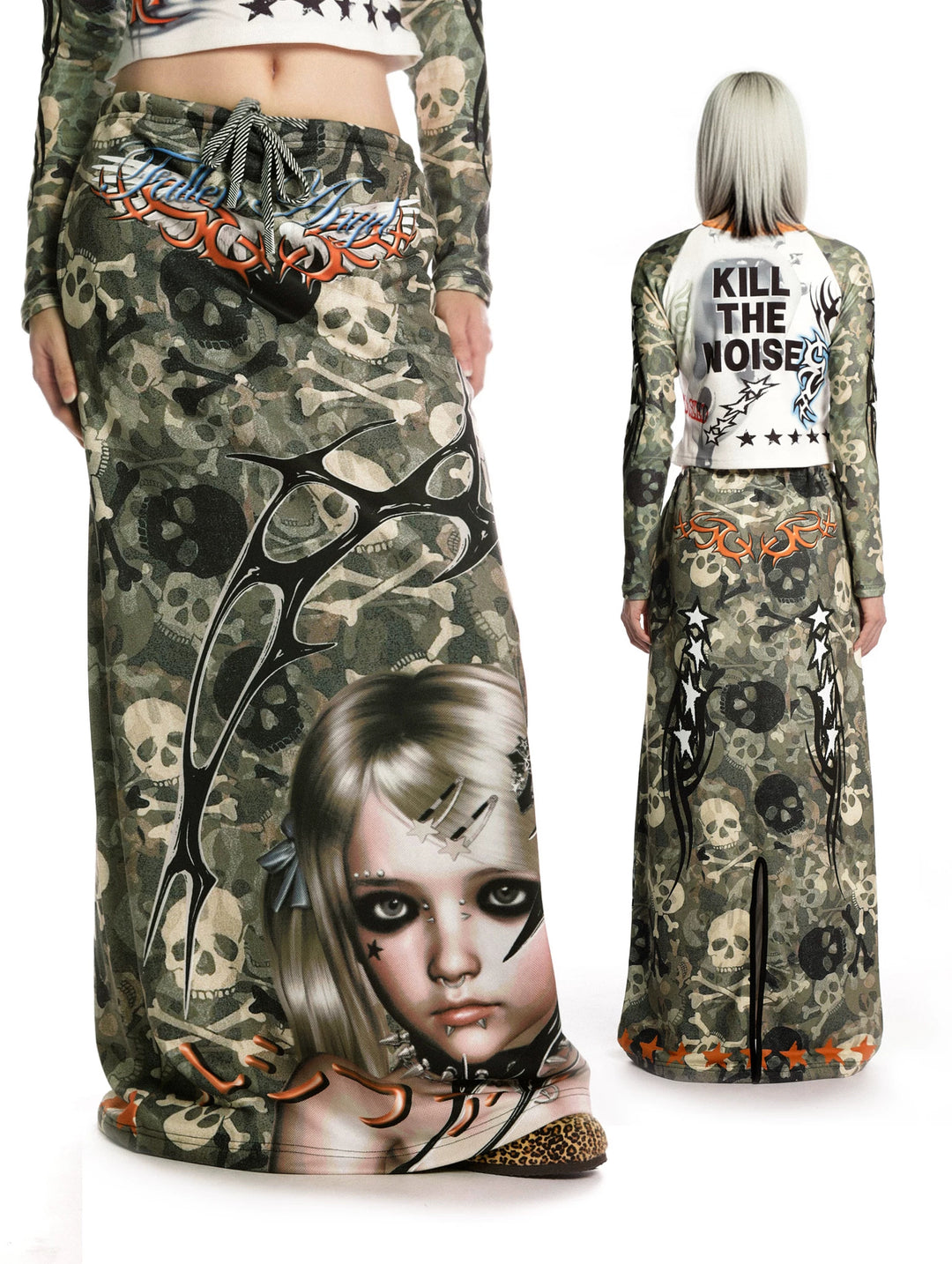 DEADENDKIDS CAMO RIOT graphic maxi skirt — front product presentation