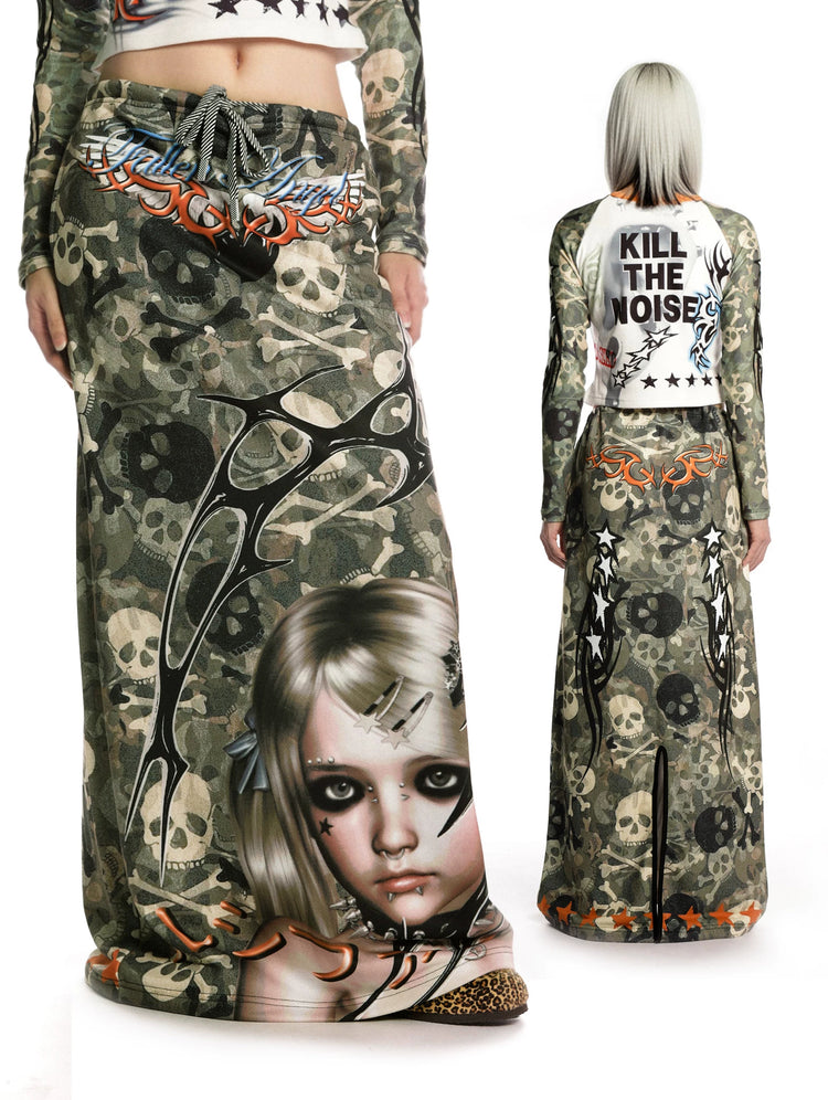 DEADENDKIDS CAMO RIOT graphic maxi skirt — front product presentation