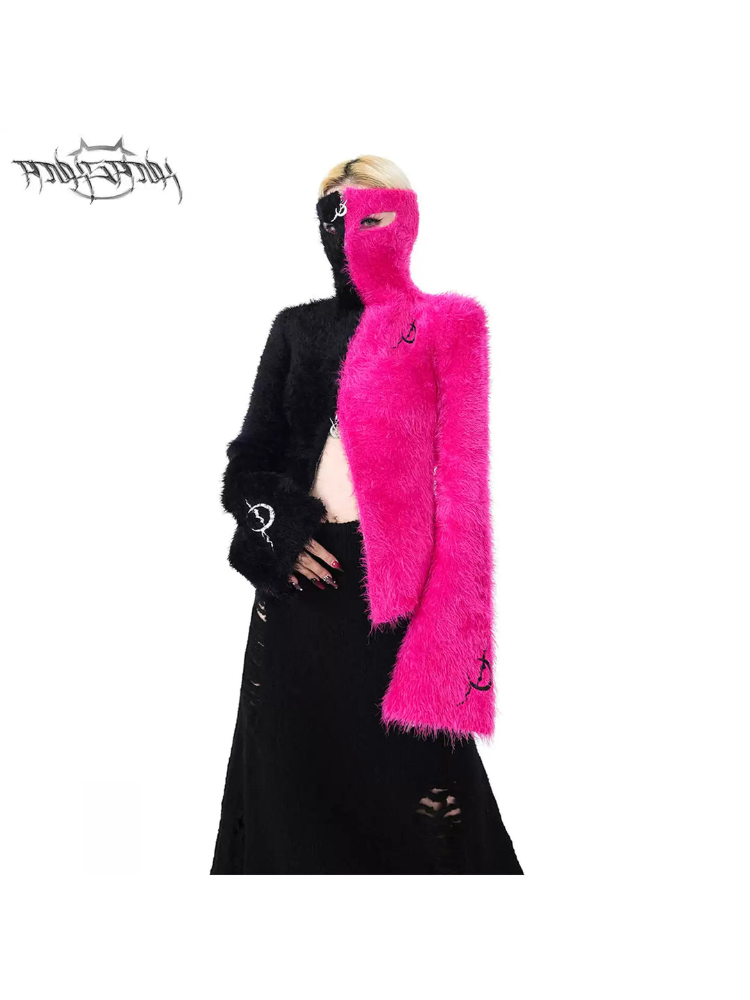 PINKSPINK ELECTRIC MOON split-color balaclava zip sweater — front modeled close-up with the face-covering collar zipped over the nose