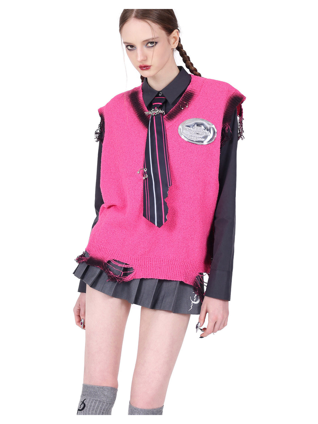 PINKSPINK ELECTRIC MOON sculpted cropped cotton shirt in gray — close layered styling view with a separate pink knit vest, showing the collar and sleeves