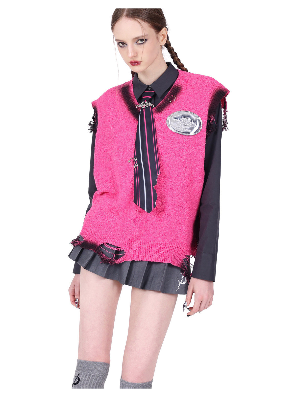 PINKSPINK ELECTRIC MOON sculpted cropped cotton shirt in gray — close layered styling view with a separate pink knit vest, showing the collar and sleeves