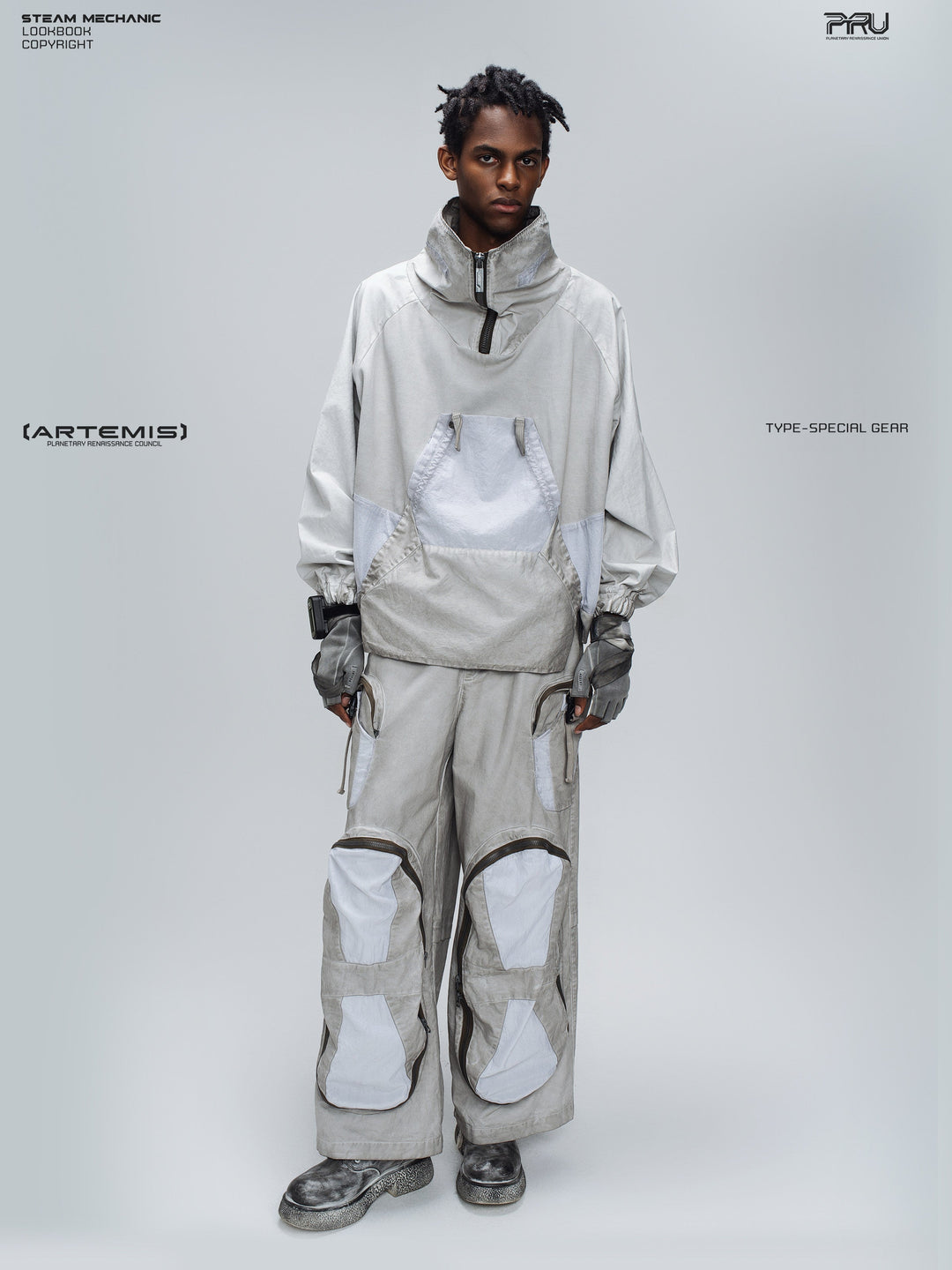 PIONEER eris white detachable-pocket utility hoodie in eris white — full-length front modeled view with arms relaxed