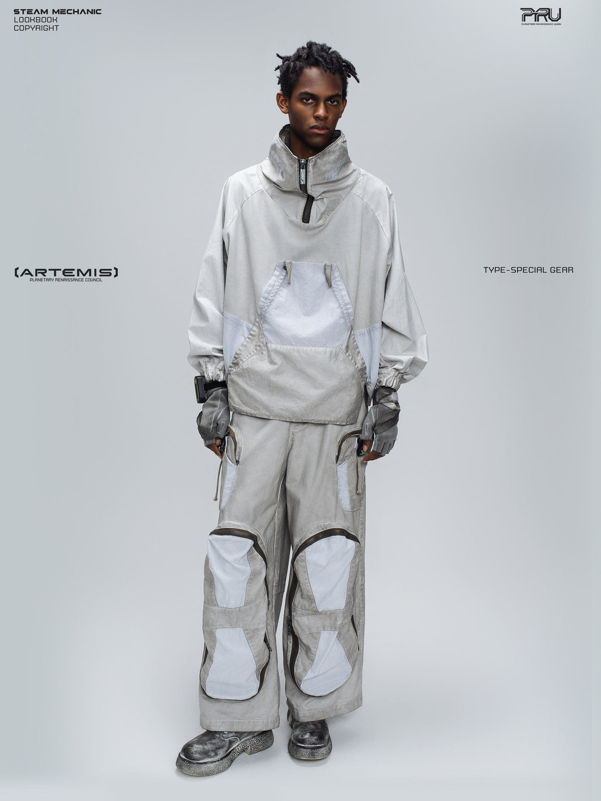 PIONEER eris white detachable-pocket utility hoodie in eris white — full-length front modeled view with arms relaxed