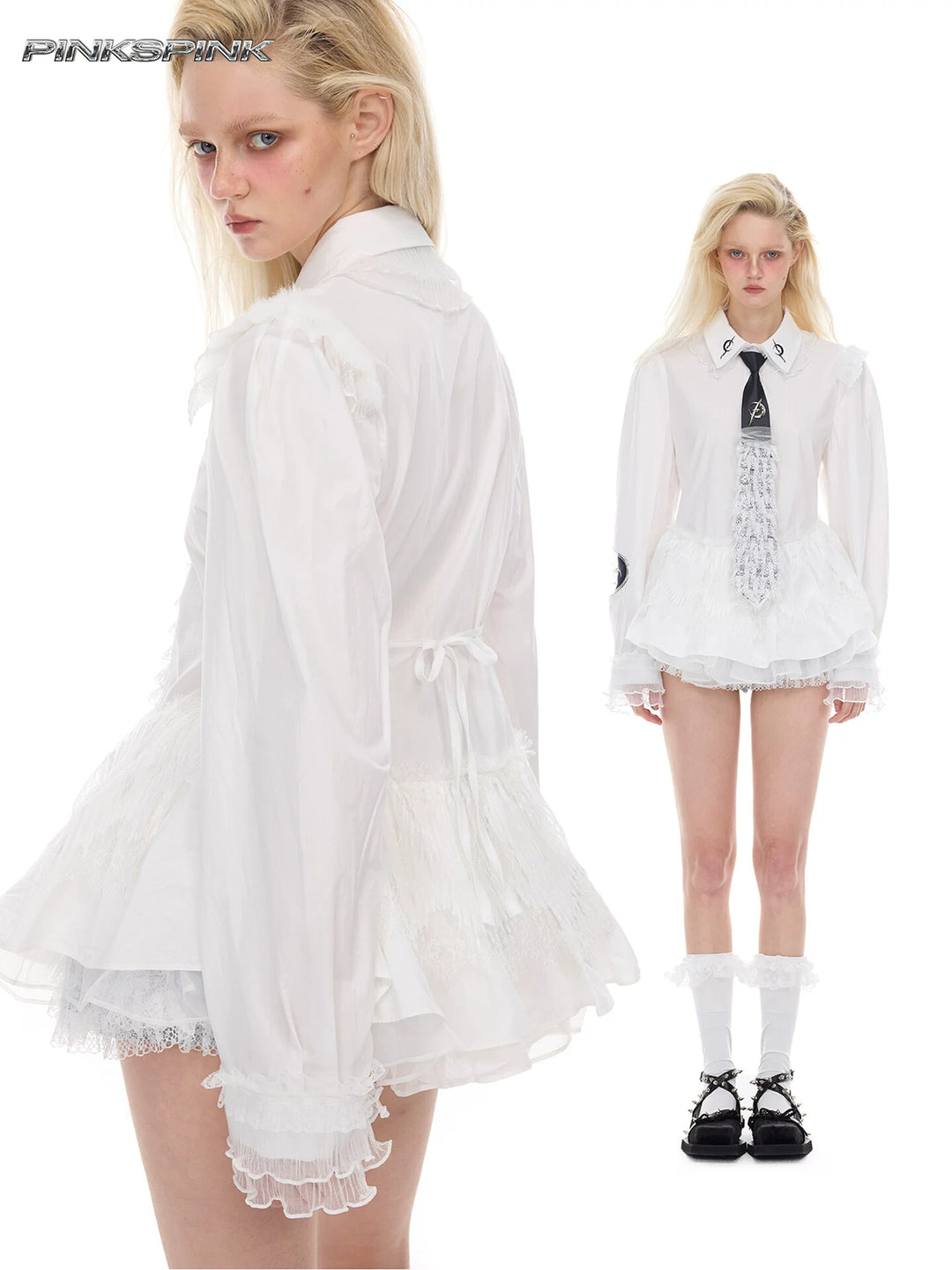 PINKSPINK ELECTRIC MOON lace puff-hem shirt — cleaned hero collage showing the complete design