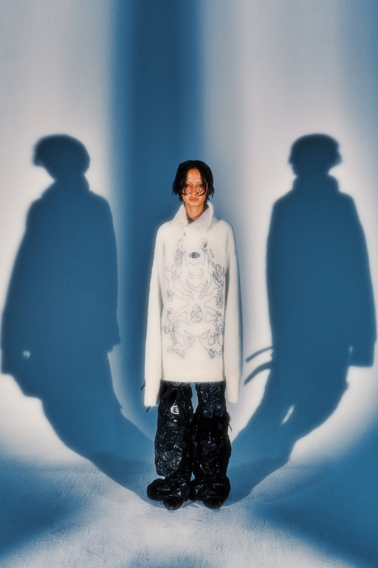 EMBRYO ANCIENT CODE printed faux-mink sweater — rear modeled view