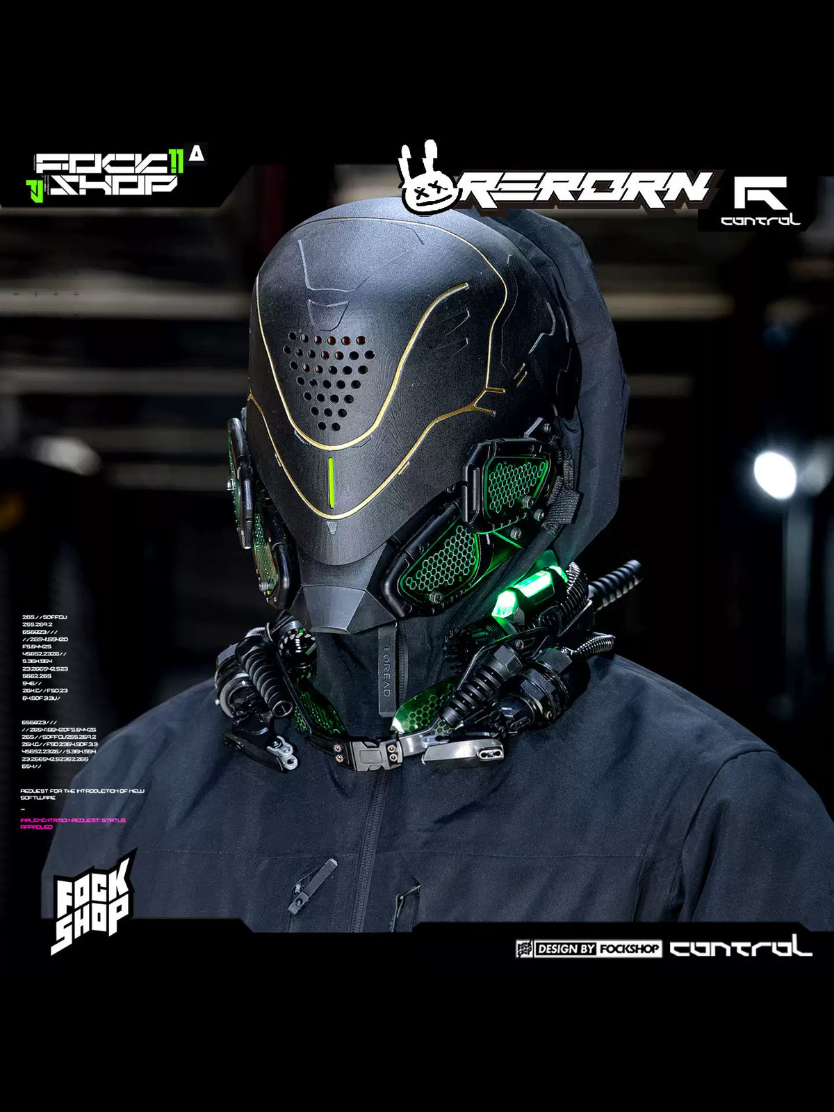 FOCKSHOP PROPHECY illuminated cyber mask in gold-line green — close modeled three-quarter view with hood and illuminated cheek panels