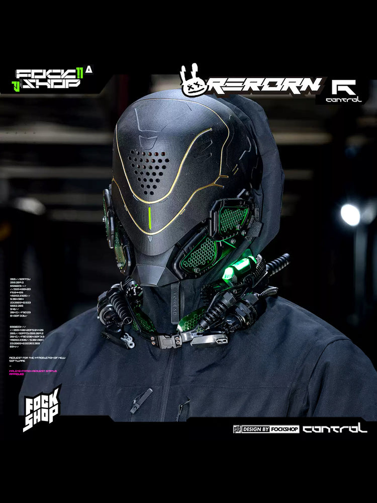 FOCKSHOP PROPHECY illuminated cyber mask in gold-line green — close modeled three-quarter view with hood and illuminated cheek panels