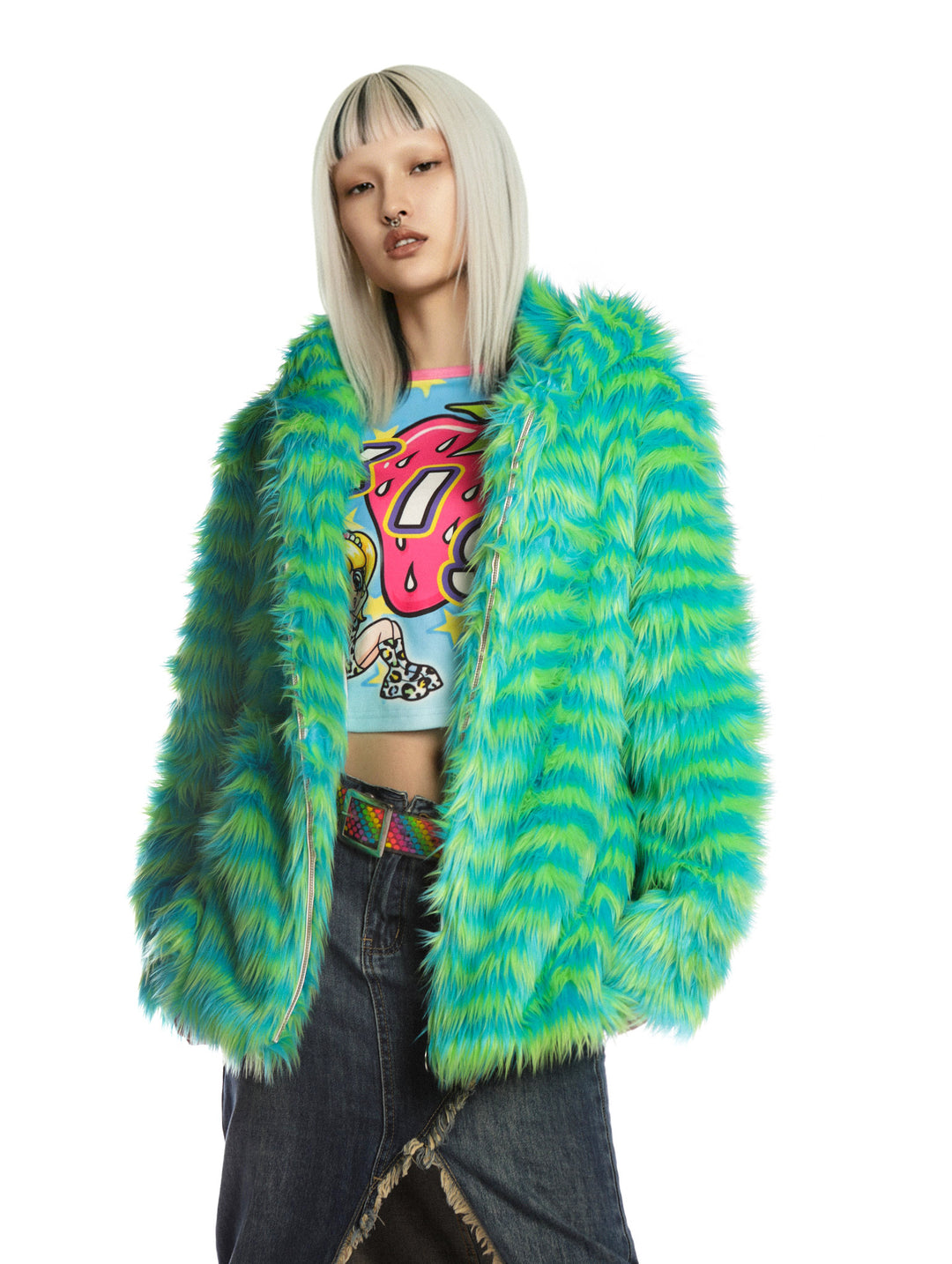DEADENDKIDS RAVE STRIPE faux-fur hooded jacket — alternate product presentation