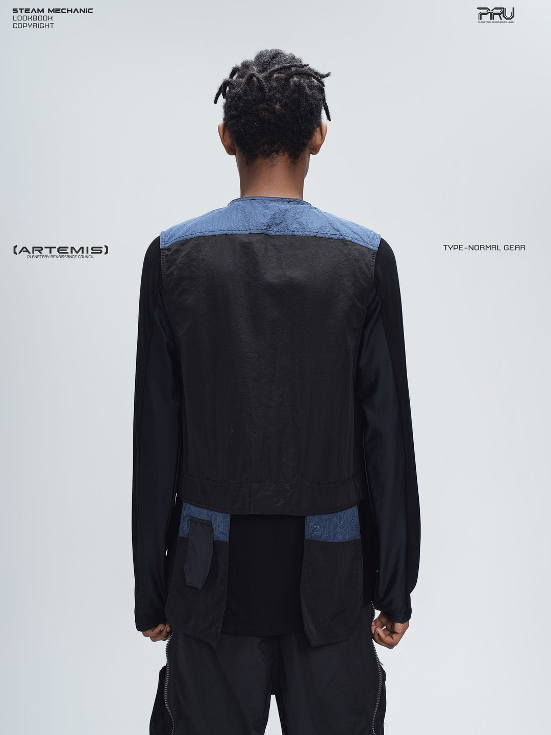 PIONEER stardust black multi-pocket technical vest — rear modeled view