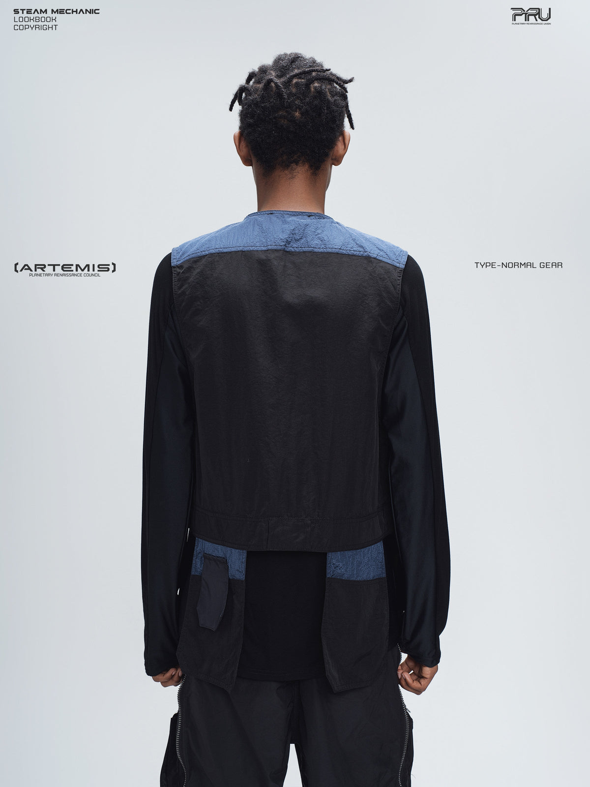 PIONEER stardust black multi-pocket technical vest — rear modeled view