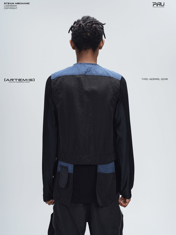 PIONEER stardust black multi-pocket technical vest — rear modeled view