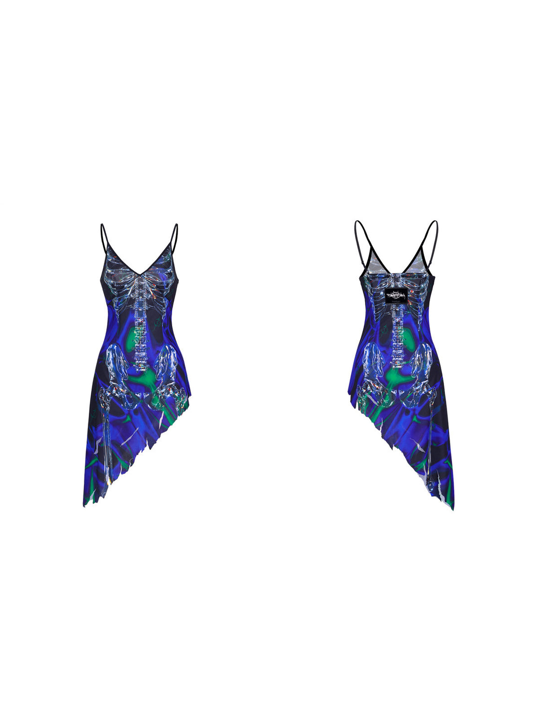 PINKSPINK COSMOS skeleton-print asymmetric slip dress in blue green multicolor — front and back garment-only views