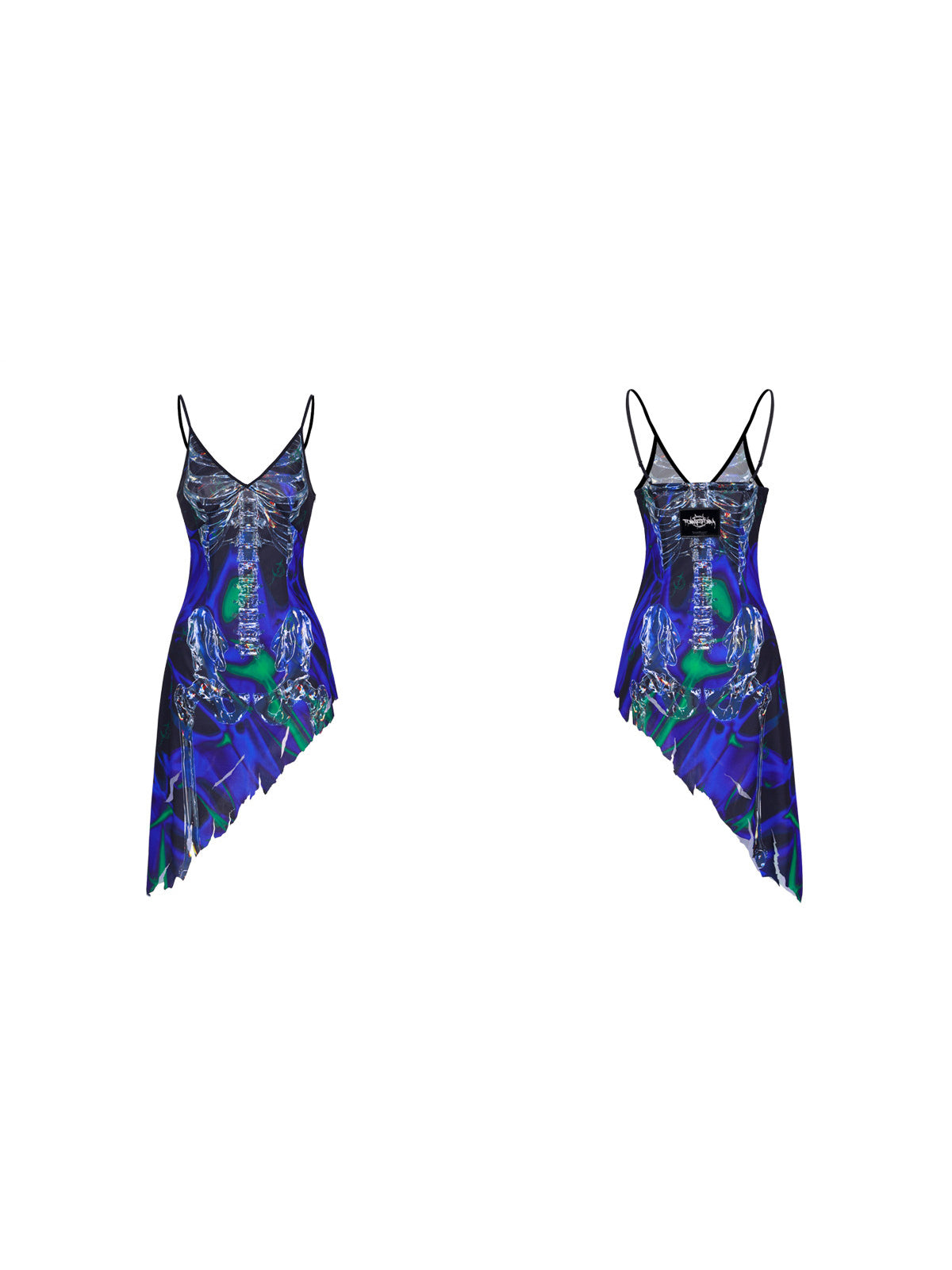 PINKSPINK COSMOS skeleton-print asymmetric slip dress in blue green multicolor — front and back garment-only views