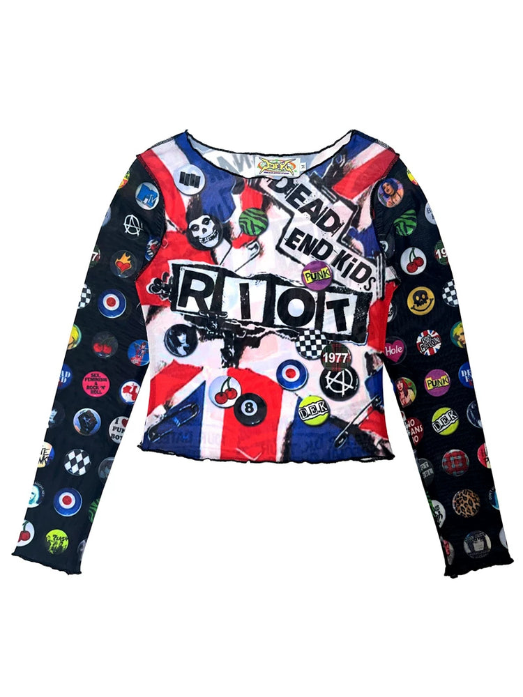 DEADENDKIDS GRAPHIC RIOT fitted mesh top — full-length modeled view