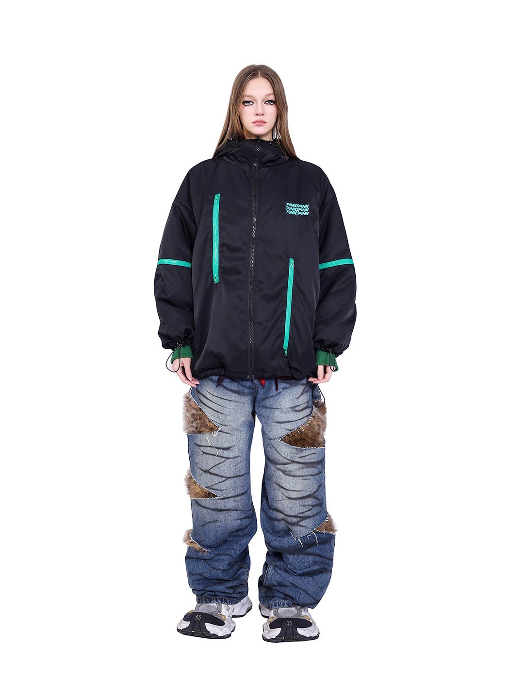LEOPARD FUR LAYERED LOW-WAIST DENIM
