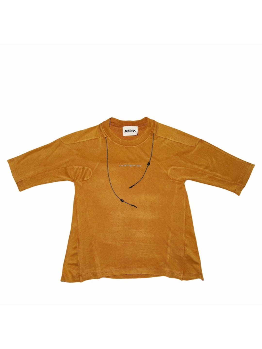 LIGHTSHADOW eclipse orange deconstructed technical tee — orange front flat-lay showing curved panels and drawcords