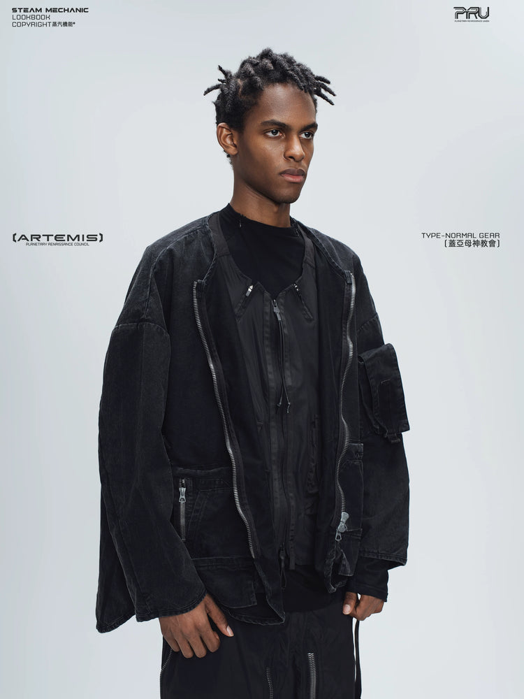 GAIA night black priest zip robe jacket — rear modeled view