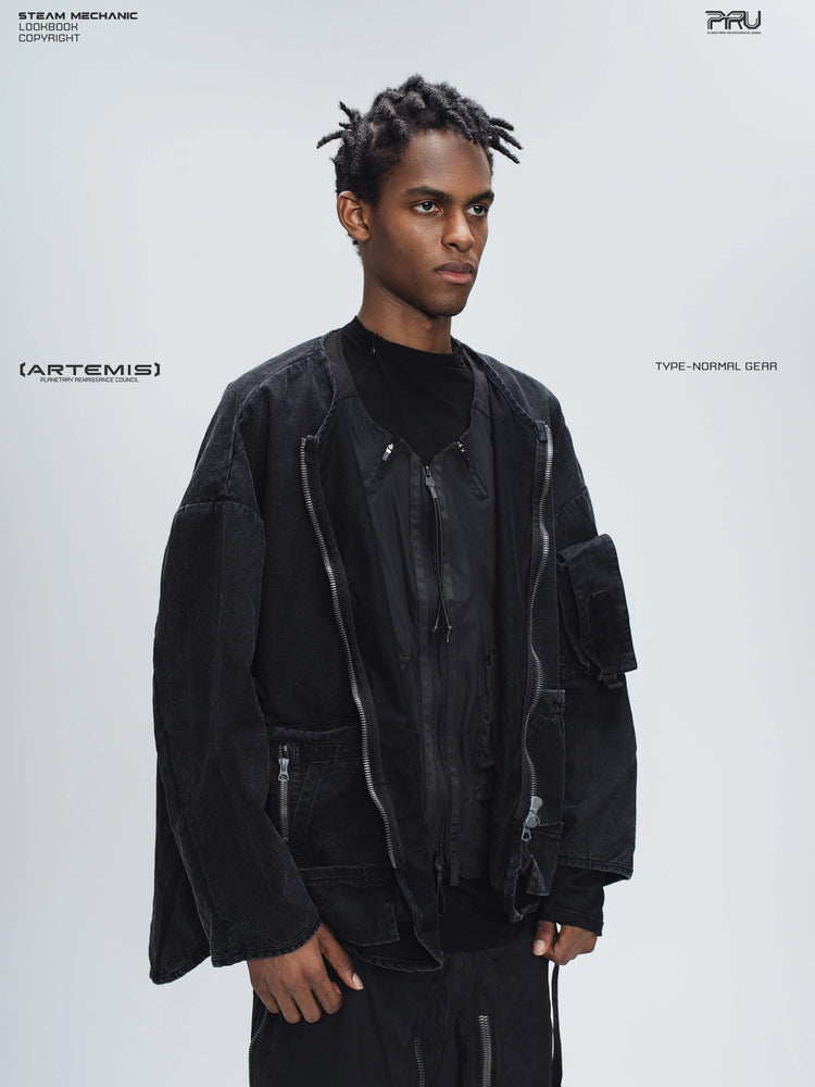 GAIA night black priest zip robe jacket — three-quarter modeled view with the jacket open